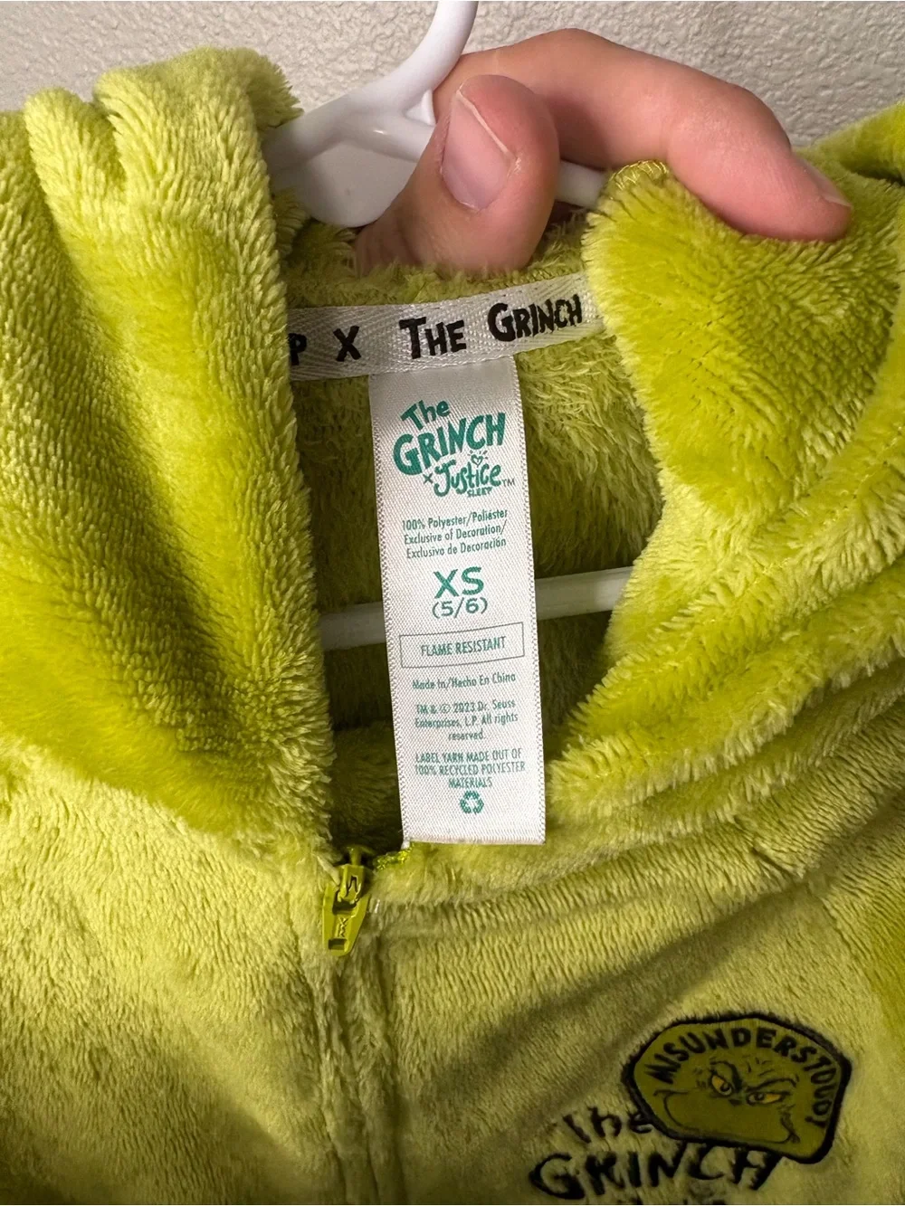 Justice x Dr. Seuss The Grinch Hooded Union Suit Pajamas XS 5/6 Green Fleece